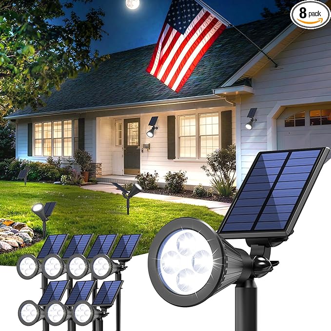 Solar Lights Outdoor Waterproof IP65,6500K Super Bright LED,2 Lighting Modes, Solar Powered Yard Garden Solar Spot Lights for Flag Landscape Auto On/Off-8 Pack