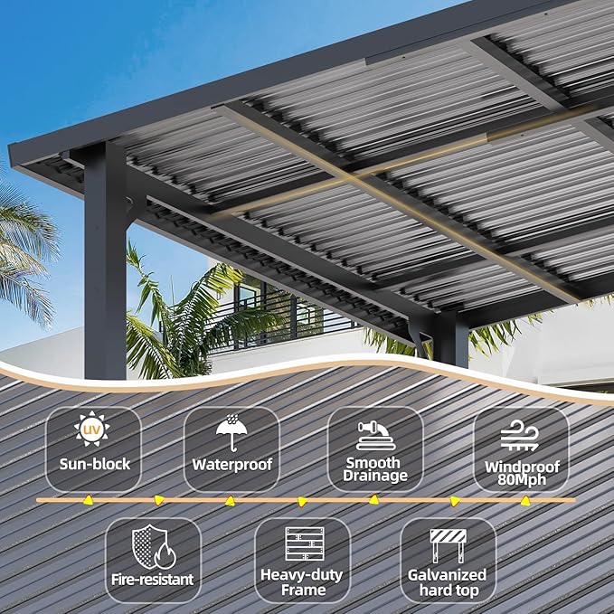 AECOJOY 16' x 10' Outdoor Hardtop Gazebo Pergola for Patio, 10x16 Large Galvanized Steel Heavy Duty Lean to Wall-Mounted Pergolas and Gazebos Clearance, Metal Patio Roof Awnings for Backyard, Decks