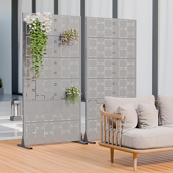 Casaphoria Metal Privacy Screen Outdoor, 72" H x 35" W Freestanding Decorative Privacy Screen for Patio Deck Balcony Garden with Stable Base, Grey-Square