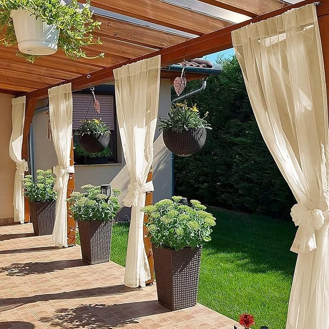 SpaceDresser Waterproof Outdoor Sheer Curtains for Patio - 4 Panels Rod Pocket Indoor Voile Sheer Curtain for Living Room,52W x 120L inch,Beige