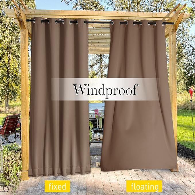 NICETOWN 2 Panels Weighted Blackout Outdoor Curtains for Patio Waterproof, Grommet & Back Tab on Top & Bottom Windproof Sound/Light Blocking for Porch with Bouns Rope for Fixed, Tan, W66 x L84
