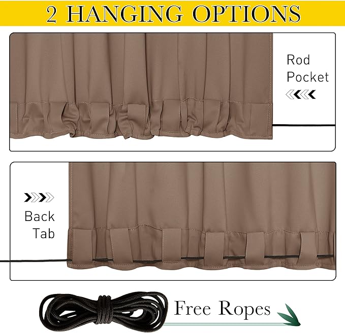 NICETOWN 2 Panels Blackout Patio Waterproof Outdoor Curtains, Insulated Top & Bottom Grommet & Back Tab Windproof Room Darkening Drapes Privacy for Pergola with Fixed Ropes, W46 x L72, Tan-Khaki