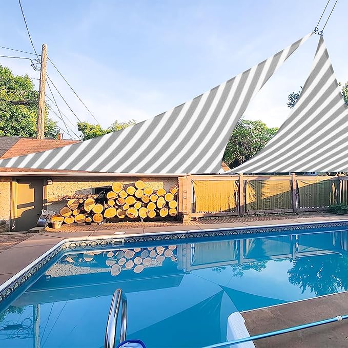 E&K Sunrise 15' x 15' x 15' Sun Shade Sail Triangle Canopy Shade Cover UV Block for Patio Backyard Garden Outdoor (Gray White Strip)
