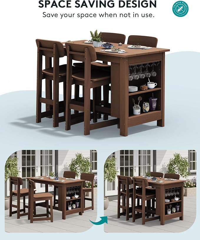 SERWALL 3-Piece Outdoor Counter Height Bar Set, HDPE Patio Bar Table with Wine Rack & Storage Shelf, 2 All-Weather Bar Stools, Patio Bar Dining Furniture Set for 3, Brown