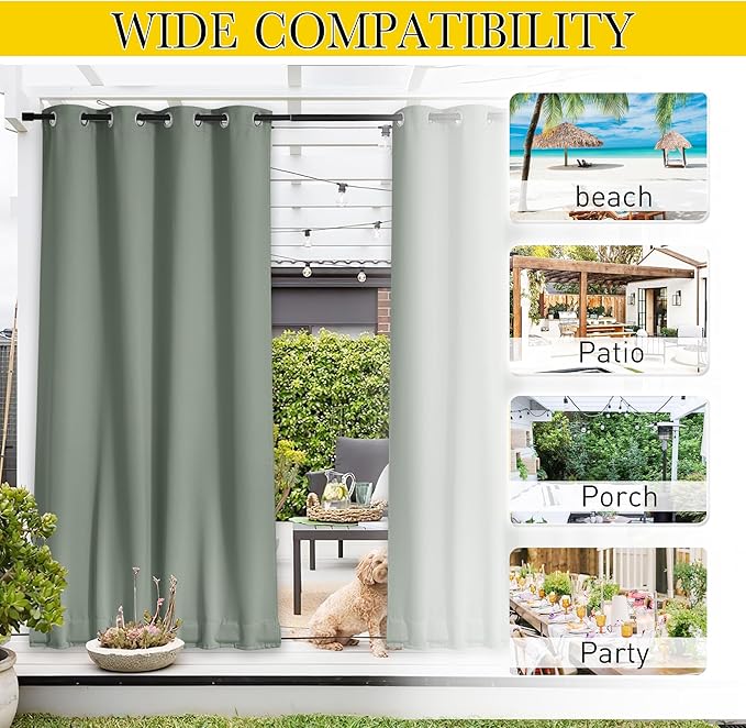 NICETOWN 2 Panels Weighted Outdoor Curtains for Patio, Grommet & Back Tab top and Bottom, Waterproof & Windproof Privacy Thermal Curtains Sun/Cold Block for Cabana with Rope, W52 x L84, Sage Green