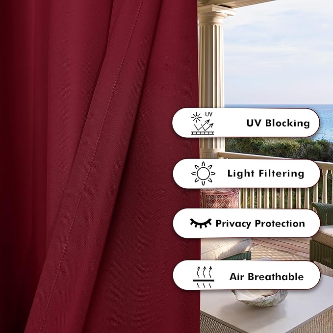 BONZER Waterproof Outdoor Curtains for Patio Porch Pergola Cabana Thick Privacy Wide Grommet Indoor Curtains for Bedroom Living Room, 1 Panel, 110W x 95L inch, Red