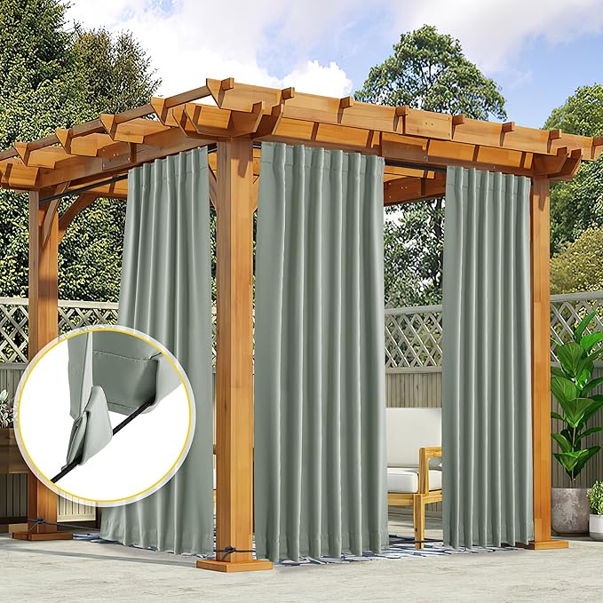 NICETOWN 2 Panels Sage Green Blackout Outdoor Curtains Patio Waterproof, Thermal Insulated Top & Bottom Pocket & Back Tab Windproof Drapes Privacy Soundproof for Pergola with Rope, W52 x L95
