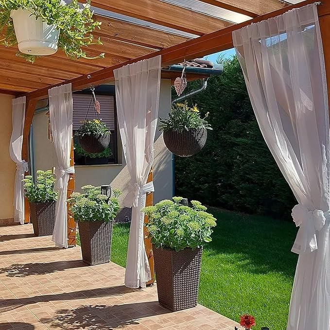 SpaceDresser Waterproof Outdoor Sheer Curtains for Patio - 4 Panels Rod Pocket Indoor Voile Sheer Curtain for Living Room,52W x 84L inch, Silver Grey