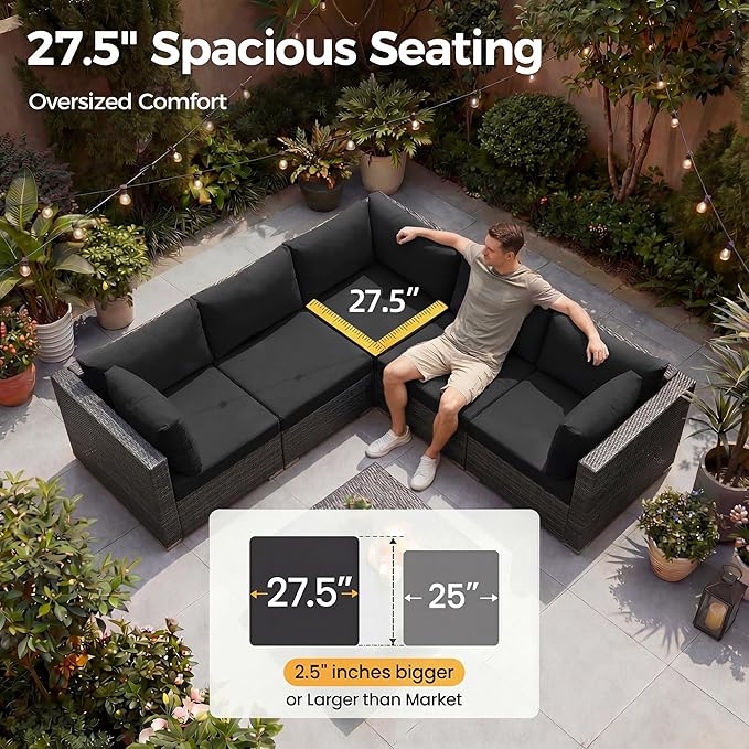 NICESOUL 9 Piece Extra Large Outdoor Patio Furniture Conversation Set with Fire Pit Natural Gas/Propane, 29.3'' High Back Modular Deep Seat Sectional Sofa Set for Outside, 2 Color Cushion Black&Gray