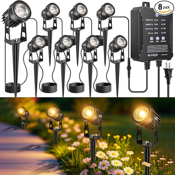 Plug and Play Low Voltage Landscape Lighting Kit, 8-Pack Wired Landscape Lights with Smart Transformer, Warm White Waterproof Outdoor LED SpotLights for Yard, Garden, Pathway, Tree