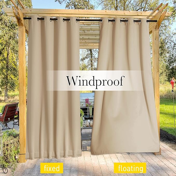 NICETOWN 2 Panels Outdoor Curtains for Patio Waterproof & Windproof, Thermal Insulated Top & Bottom Grommet & Back Tab Light Block Outdoor Drapes with Bouns Rope for Fixed, Biscotti Beige, W46 x L90