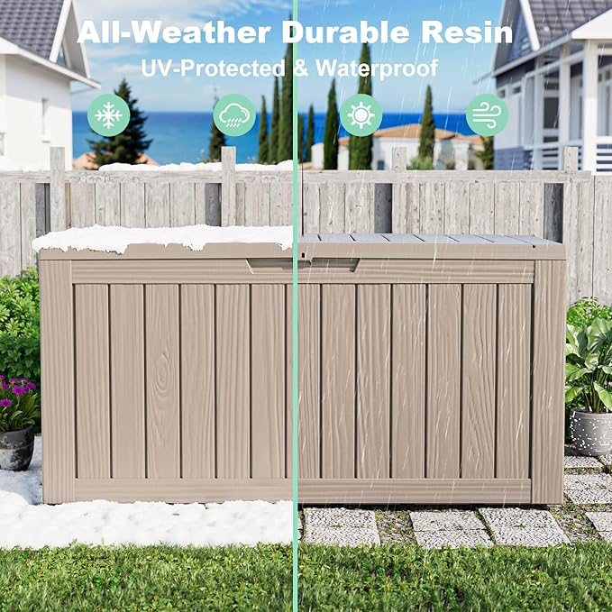 ROJIK Outdoor Storage Housing Deck Box - Waterproof Patio Furniture, Garden Tools, Cushions, Pool Accessories Storage Bench with Lockable Lid and Side Handles (Grey 78 Gal)