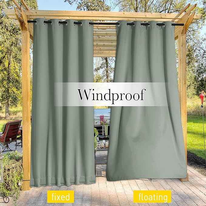 NICETOWN 2 Panels Waterproof Outdoor Curtains Fixed Grommet & Back Tab on Top & Bottom, Thermal Insulated Keep Rain & Sun Out Privacy Windproof Outdoor Draperies with Rope, W52 x L72, Sage Green