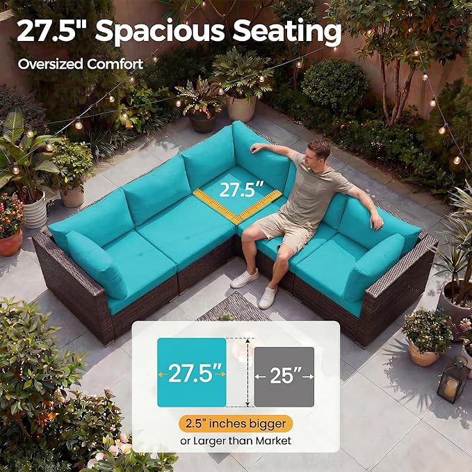 NICESOUL 6 Piece L-Shaped Patio Furniture Set with Fire Pit Table Natural Gas/Propane, 29.3'' High-Back Deep Wide Seat Outdoor Conversations, XL Big Fireplace Couches, Brown Rattan and Teal Cushion