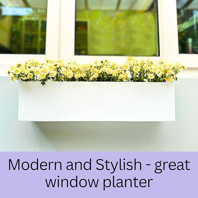 LaLaGreen Wall Planter (24 Inch, 2 Pack) Carbon Steel White Metal Hanging Flower Pot for Succulents, Wall Mount Rectangular Window Sill Box Fence Floating Garden Shelf for Deck Indoor Outdoor Decor