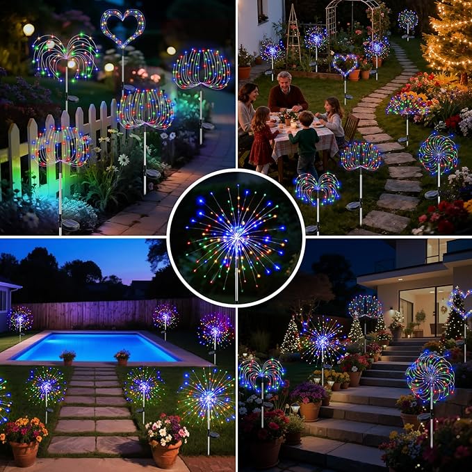 btfarm 6 Pack Solar Garden Lights Outdoor, 8 Modes Firework Lights Solar Powered, Waterproof Twinkle Fairy Light Outside for Yard Patio Pathway Pool Christmas Party Decorative, Multicolor