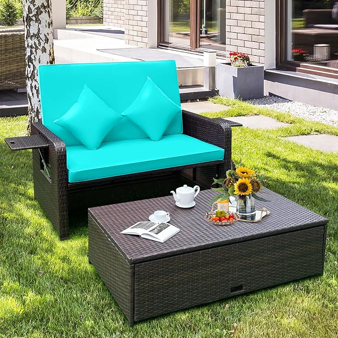 Nightcore Wicker Patio Outdoor Daybed, Outdoor Chaise Lounger w/ 4-Level Adjustable Backrest, Retractable Side Trays, Storage Ottoman, Comfortable & Removable Cushions, Rattan Loveseat (Turquoise)