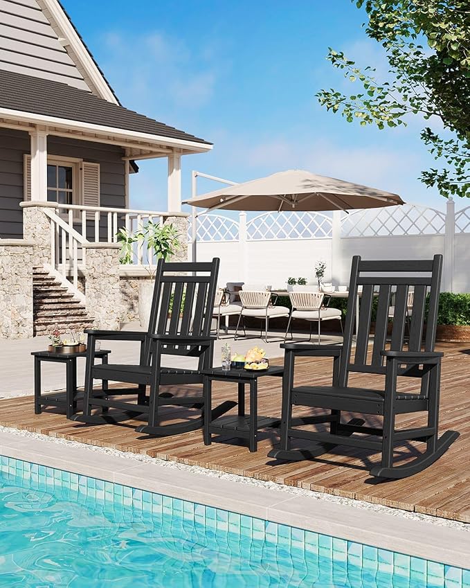 HDPE Rocking Chair Outdoor Set of 2 - Poly High Back Porch Rocker Chairs for Adults - All Weather Resistant Furniture for Patio Front Porch - Black