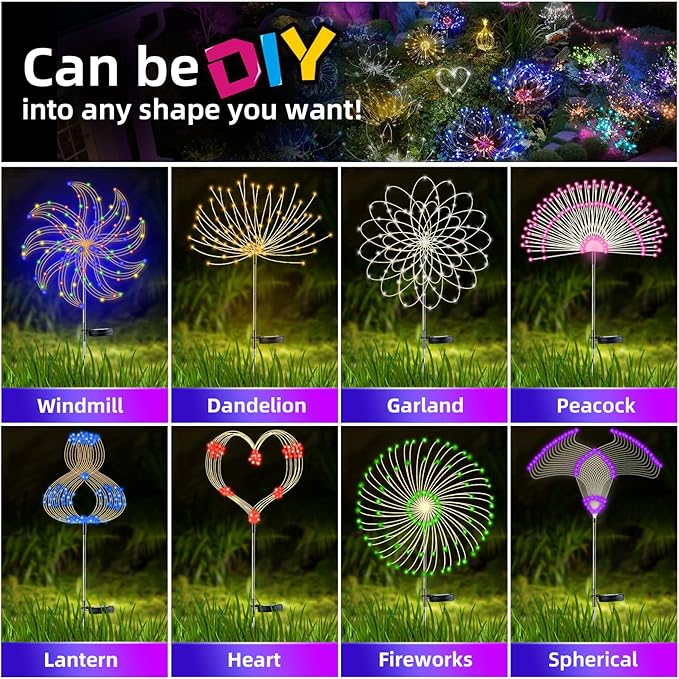 YOTOZU 4 PCS Solar Firework Light, Outdoor Solar Garden Decorative Lights 120 LED Powered 40 Copper Wires String DIY Landscape Light for Walkway Pathway Backyard Decor Parties Perfect Gifts(Green)