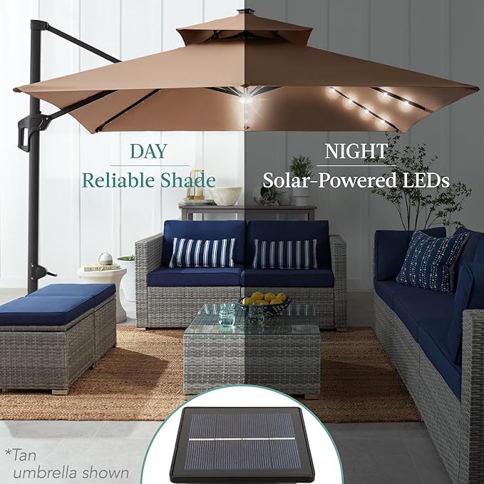 Best Choice Products 10x10ft Cantilever Patio Umbrella w/Base Included, Solar LED Lights 360 Rotation Large Offset Hanging Outdoor Shade for Deck Pool Backyard w/Stand – Green