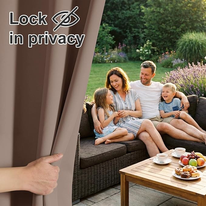 RYB HOME Outdoor Curtains for Patio Waterproof Block Sunlight Thermal Insulated Privacy Assured Thick Outside Curtains for Pergola, Cabana, Gazebo, W52" x L72", Mocha, 1 Panel
