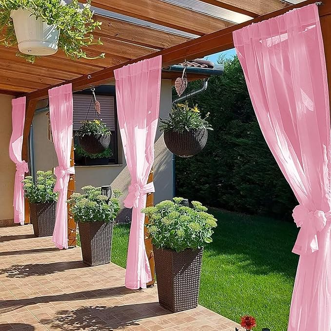 SpaceDresser Waterproof Outdoor Sheer Curtains for Patio - 2 Panels Rod Pocket Indoor Voile Sheer Curtain for Living Room,52W x 96L inch, Light Pink