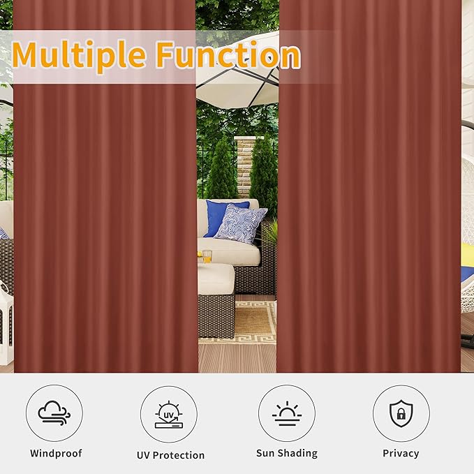 Easy-Going Outdoor Patio Curtains Detachable Tab Top Windproof Weatherproof Curtain for Cabana, Porch, Pergola and Gazebo, Tab Bottom Drape, 2 Panels, 54W x 120L inch, Terra Red