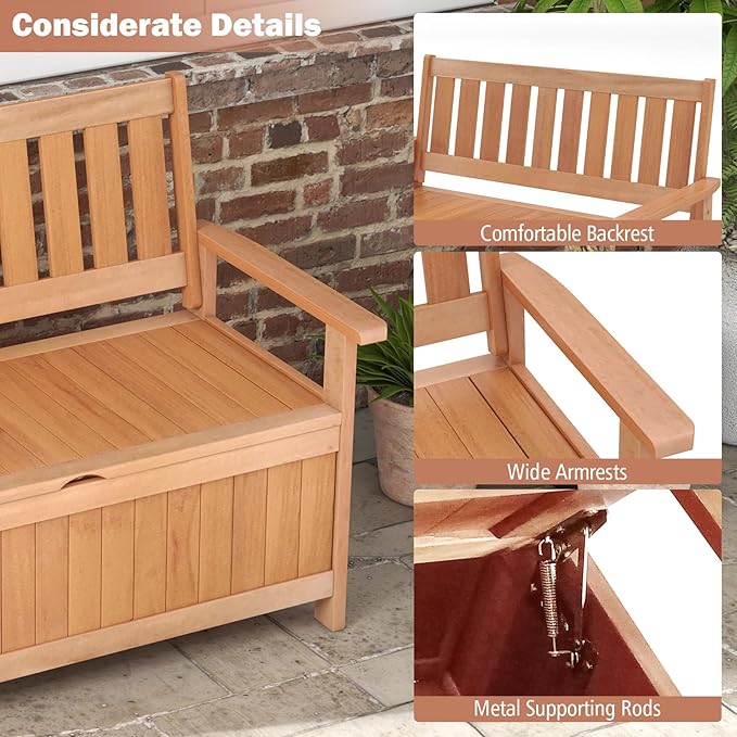 Tangkula 48 Inch Outdoor Wood Storage Bench Deck Box, Wooden Storage Loveseat with 34.2 Gal Inner Space, Entryway Bench Deck Box with Slatted Backrest, Storage Seat for Garden, Lawn, Balcony & Porch