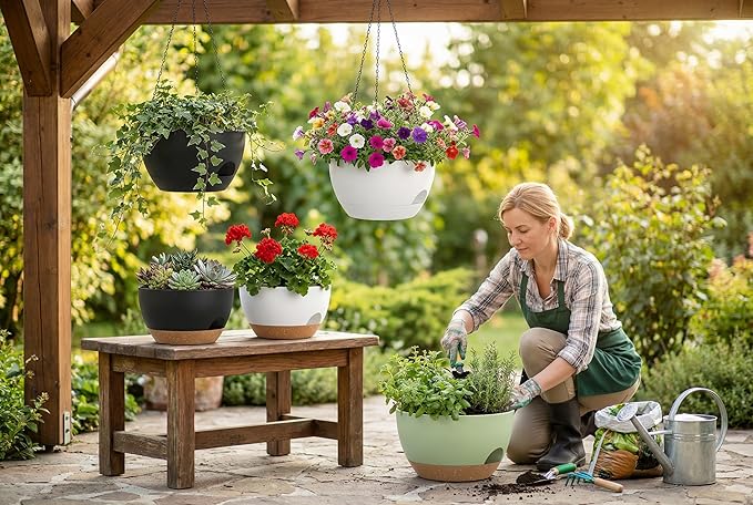 Hanging Planters 3-Pack, 8 Inch Self-Watering Hanging Pots with Drainage Hole and Chains, Plastic Planters for Indoor Outdoor（Black Brown）
