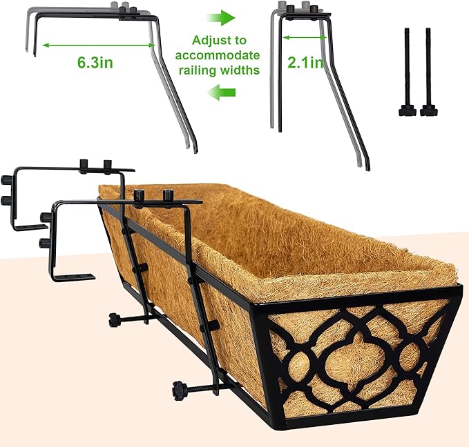Y&M 6pcs 30 Inch Window Deck with Coco Liner, Fence Metal Hanging Flower Planter Window Basket Deck Railing Planter Boxes for Outdoor Garden Lawn,