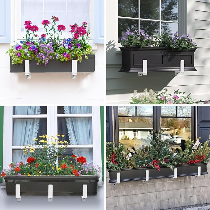 Y&M 4 Pack Adjustable Planter Box Brackets (6 to 12.5 in), Universal Window Box Brackets, Heavy Duty Iron Flower Box Wall Mounting Hooks for Balcony, Fences, Patio, and Garden - White