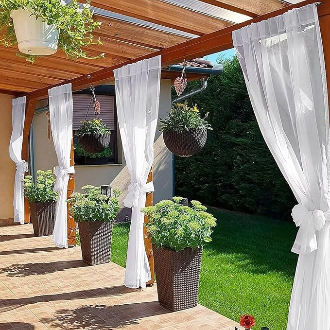 SpaceDresser Waterproof Outdoor Sheer Curtains for Patio - 2 Panels Rod Pocket Indoor Voile Sheer Curtain for Living Room,100W x 84L inch, White