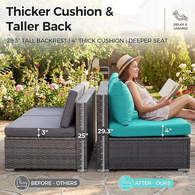 NICESOUL 13-Piece Patio Furniture Set with Fire Pit, High-End Big Group Outdoor Patio Set with Fire Pit & Chaise Lounge, Wicker 29.3'' High Back Sofa Deep Sitting, Grey & Turquoise