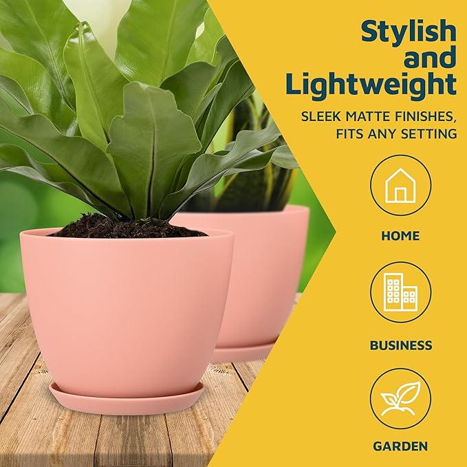 Pink Plant Pots with Drainage Holes & Saucers 3 Pack, Indoor & Outdoor Stackable Space-Saving Planters for Houseplants & Flowers, (7", 6.7", and 6" Inches), Durable & Weatherproof Materials