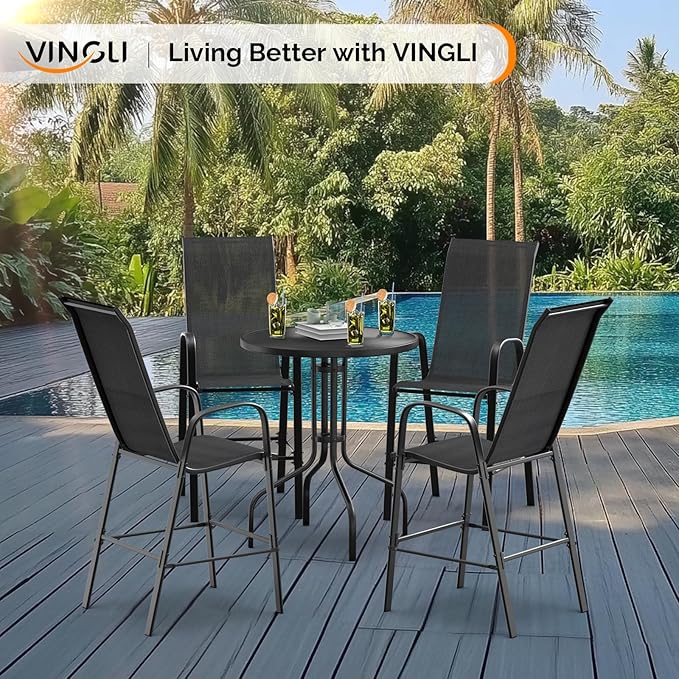 VINGLI Outdoor Bar Chairs Set of 8 – Stackable Outdoor Bar Stools with Sturdy Sling High Back and Armrests for Lawn, Courtyard, Garden, Bar, Black