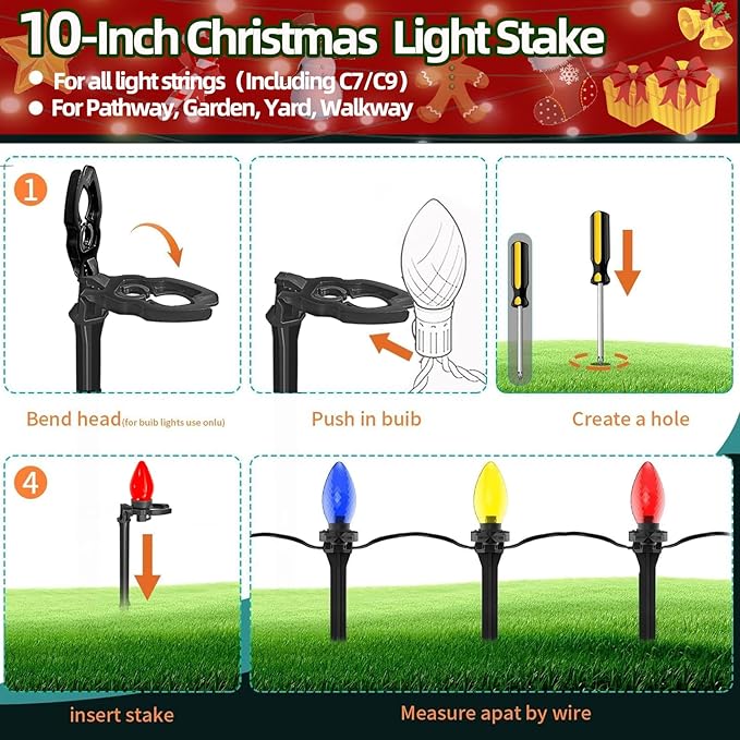 100 Pack Christmas Light Stakes 8.5"-10" for C7 and C9 String Lights,Outdoor Light Stakes,Yard Stakes,Garden,Lawn,Pathway, Patio, Path, Walkway, Christmas Decoration Black
