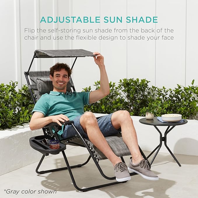 Best Choice Products Folding Zero Gravity Outdoor Recliner Patio Lounge Chair w/Adjustable Canopy Shade, Headrest, Side Accessory Tray, Textilene Mesh - Dove Gray