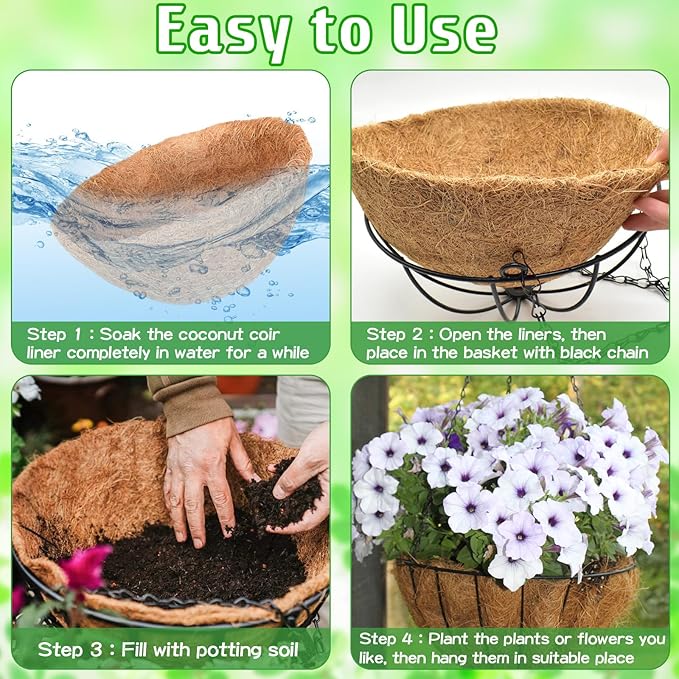 ZeeDix 3 Pack 10 Inch Metal Round Hanging Planter Basket with Coconut Liners Replacement, Hanging planters Baskets with Natural Coco Liner for Outdoor Indoor Planters Flowers Vegetables