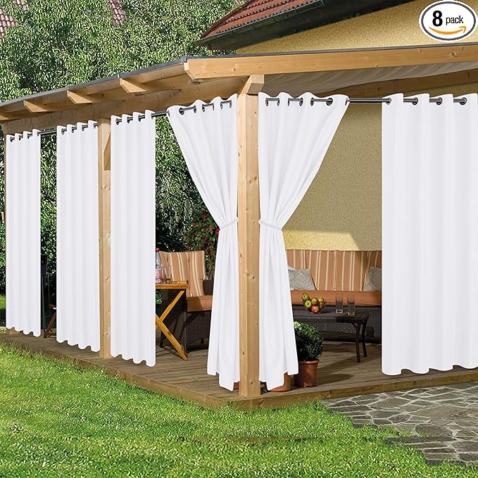 HolidayIdeas Outdoor Curtains for Patio Waterproof, 8 Panels - 54x84 Inches - Weatherproof Privacy Outsides Curtains for Cabana Porch Pergola, Sunlight & UV Blocking (White, Grommet Top)