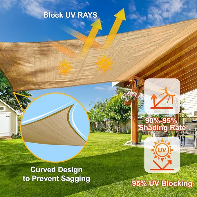 SUNLAX Sun Shade Sail 12' x 19' Sand Rectangle Canopy Sail Shade Cover UV Block Permeable Sunshade Outdoor for Patio Backyard Deck Pergola (We Make Custom Size)