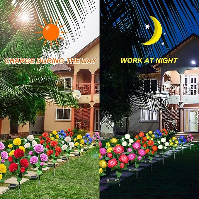 Solar Flower Lights Outdoor - Upgraded New Material Two Modes Realistic LED Solar Powered Waterproof Lights with 5 Roses, Solar Decorative Stake Lights for Garden (Orange, 2 Pack)