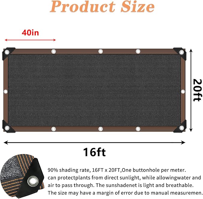 Shade Cloth 90% Sunblock Net for Garden Patio, Shade Sails -for Plants Greenhouse Outdoor Pergola Lawn Swimming, Sun Screens for Kennel Chicken Coop Easier to Hang Net Cover, 16x20 FT