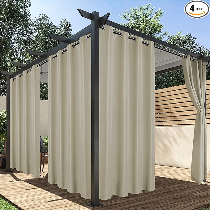 HolidayIdeas Outdoor Curtains for Patio Waterproof, 4 Panels - 54 x 95 Inch - Privacy Protection & Light Filtering Curtains Taupe Grommet Outside Curtains for Porch, Gazebo, Pergola, Backyard