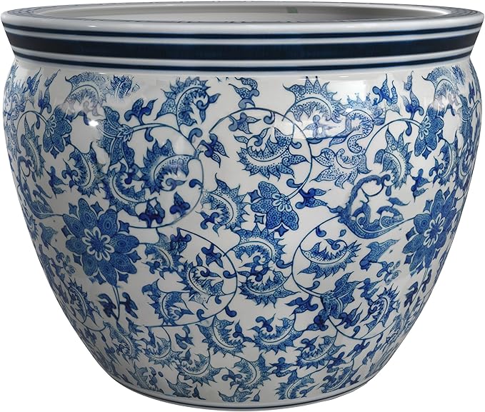 Red Lantern 14" Floral Blue & White Porcelain Fishbowl Planter or Cachepot for Indoor/Outdoor Use in Garden Entryway Living Room Boho Eclectic Modern Contemporary Classic Traditional Style Decor