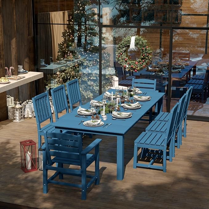 7-Piece Navy Blue Outdoor Dining Set with Beige 11FT Large Patio Umbrella, 75.2'' HDPE Table & Chairs for 6, Weather-Resistant Furniture with Umbrella Hole for Patio, Lawn, Poolside