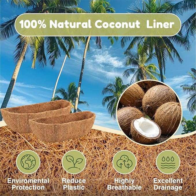 4 Pcs 30 Inch Trough Coco Liner for Window Box, 100% Natural Half Moon Coconut Coir Planter, Replaceable Coconut Fiber Liner for Window Boxes & Fence Flower Baskets (4, 30 inch)