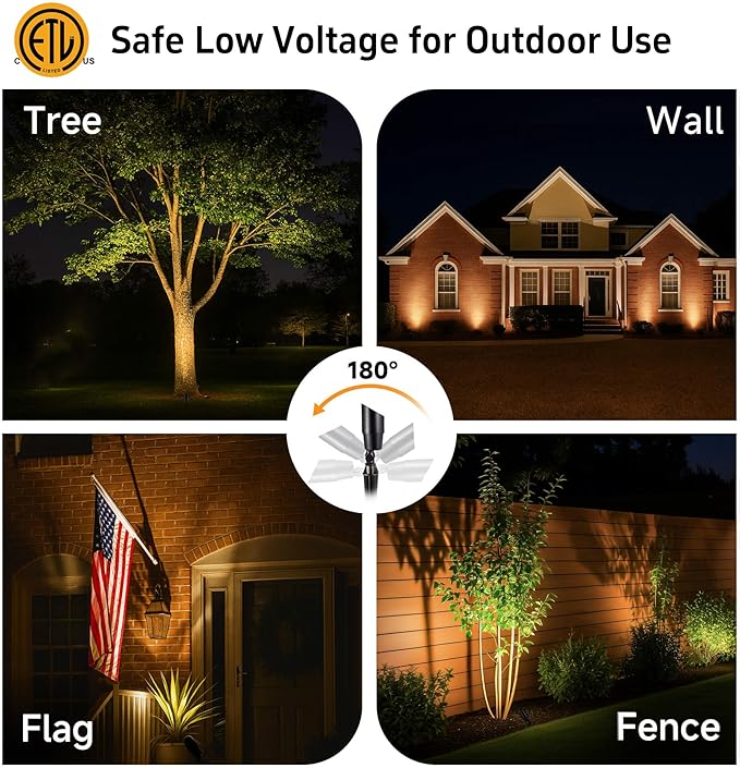 Gardenreet Landscape Spotlights Low Voltage - Brass Outdoor Uplight LED 12V, Wired Spot Lights IP65 Waterproof, Black for Exterior Garden Yard Tree House with 5W 2700K Warm White MR16 Bulb