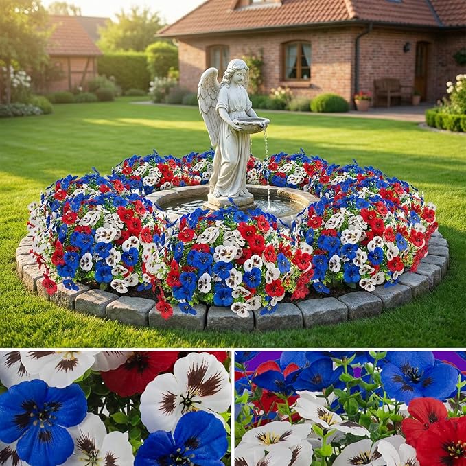36 Pcs Artificial Fake Pansy Flowers for Outdoor, UV Resistant Faux Silk Pansies Patriotic Flowers for Outside for Planter Front Door Porch Patio Window 4th of July Home Decor(36, Red, White, Blue)