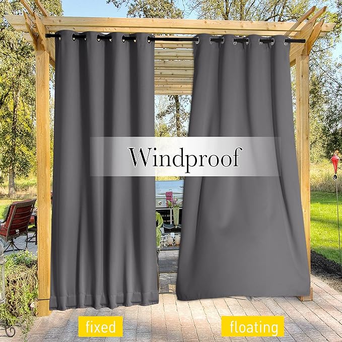 NICETOWN 2 Panels Blackout Weighted Outdoor Curtains for Patio Waterproof, Grommet & Back Tab on Top & Bottom Keep Privacy Light & Sound Block for Porch with Bonus Rope for Fixed, Grey, W52 x L72