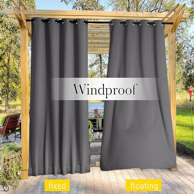 NICETOWN 2 Panels Outdoor Curtains for Patio Waterproof & Windproof, Grommet & Back Tab on Top & Bottom Weighted Drapes Cold & Heat Blocking with Bouns Rope for Gazebo, Grey, W84 x L108